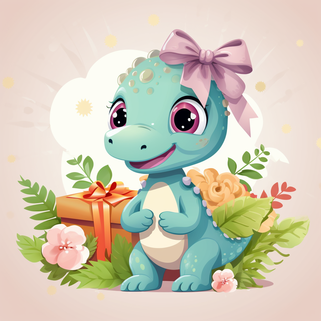 Adorable female dinosaur with flowers and bow