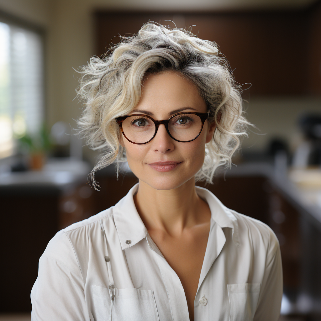 Female doctor in white blouse, age 50