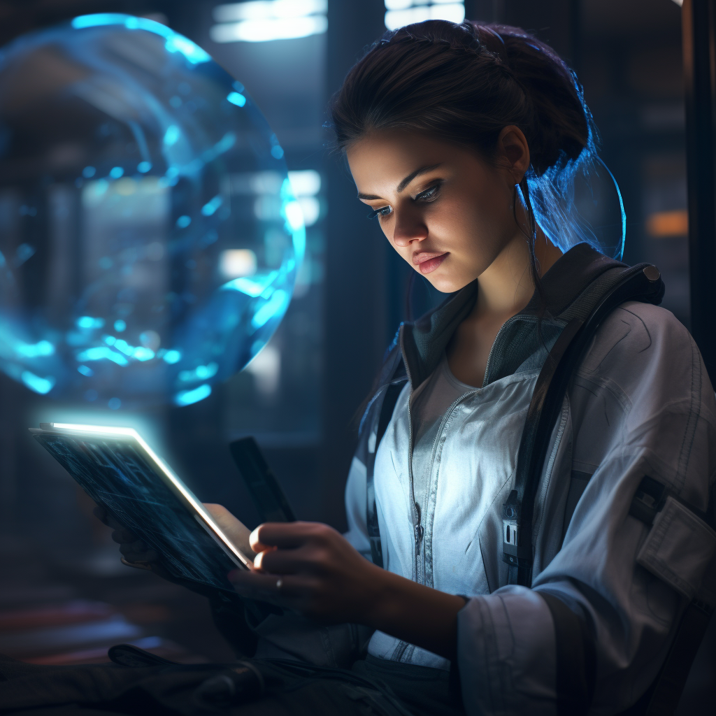 Female doctor studying with electronic pad in 2050