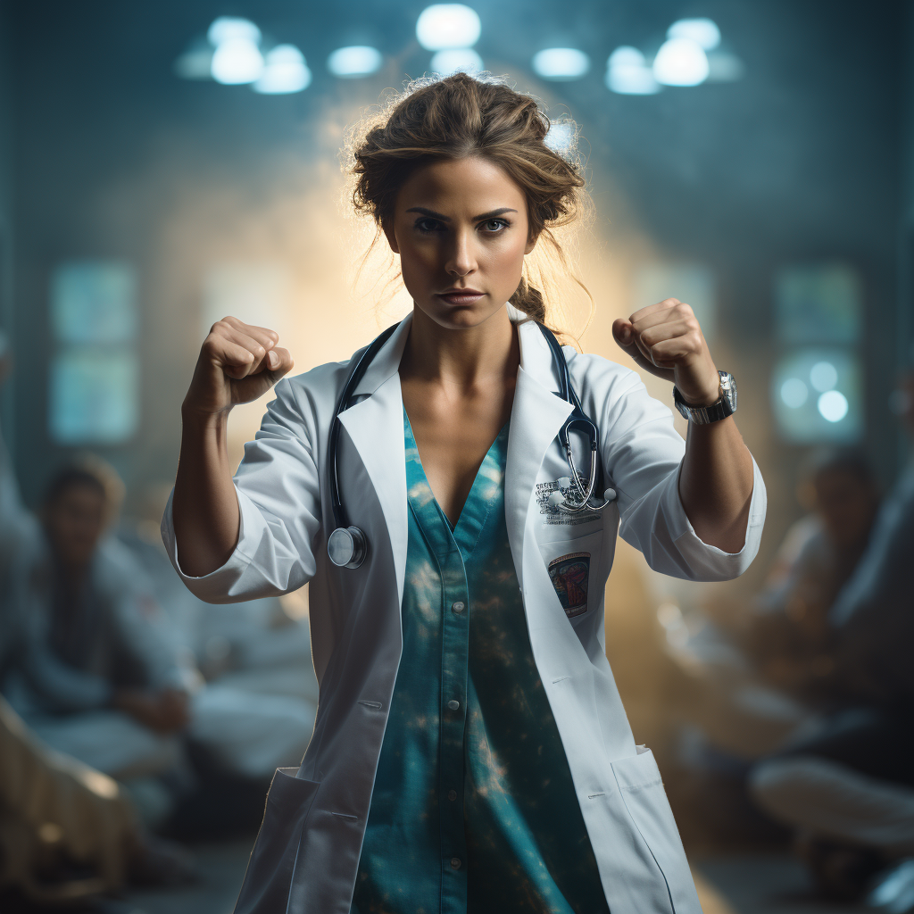 Serious and dramatic female doctor with outstretched fists