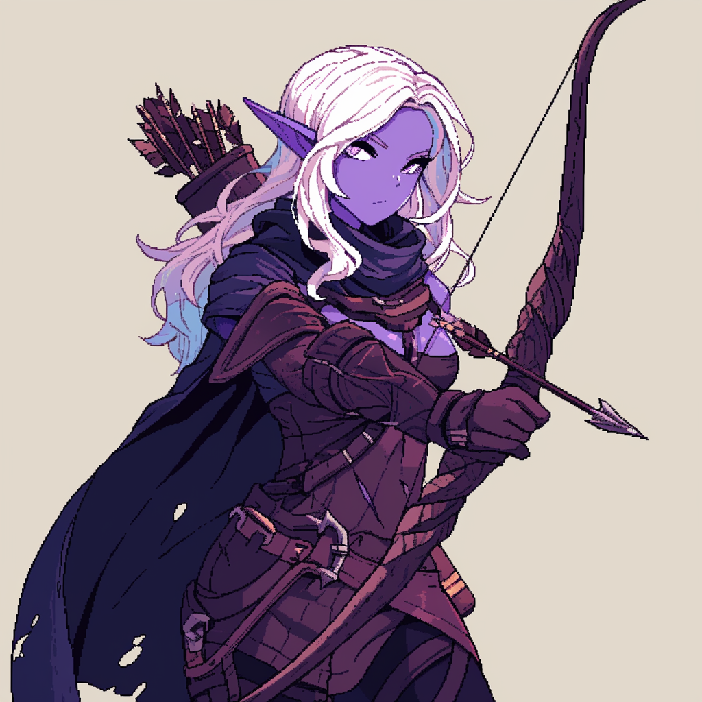 Pixel art female drow elf hunter