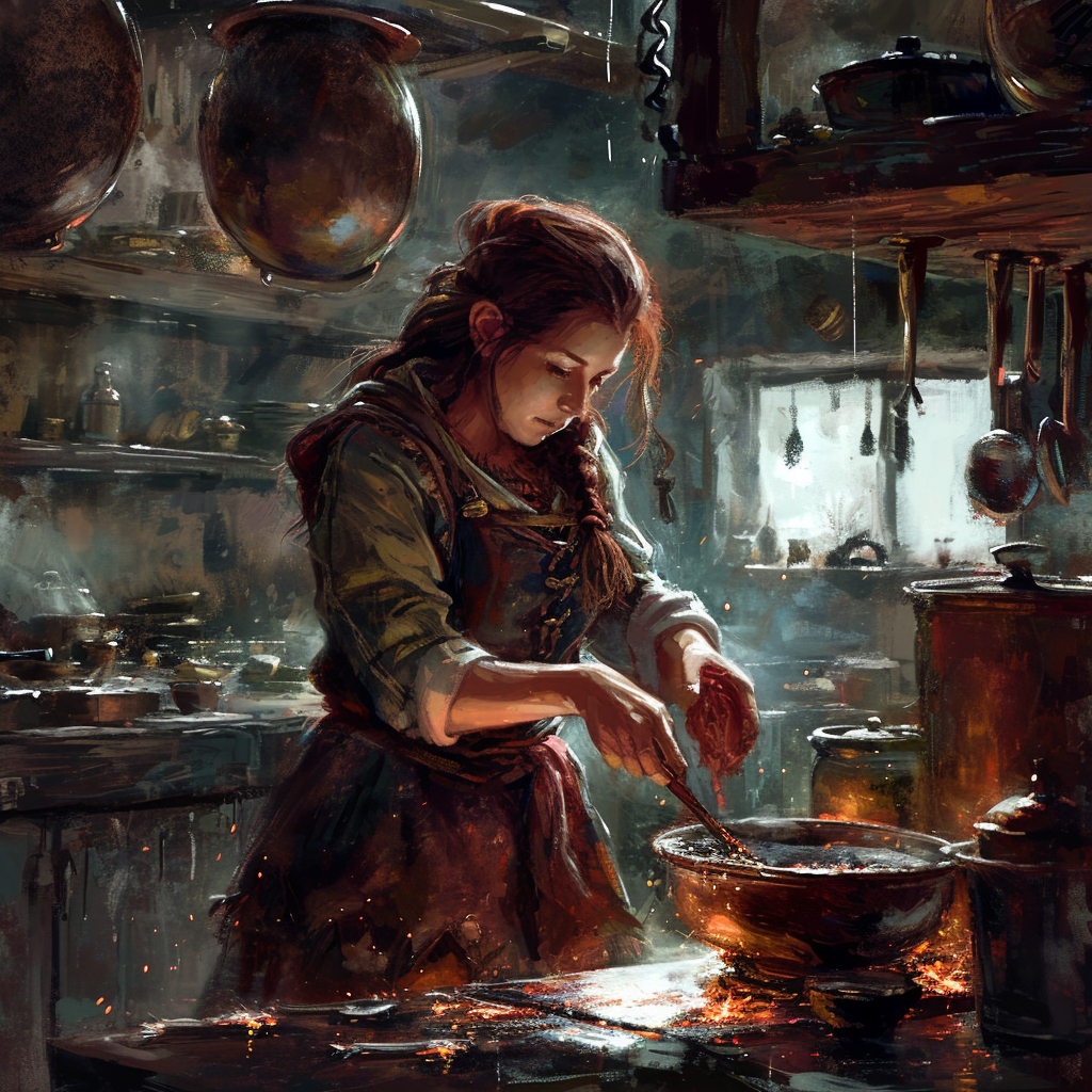 Female dwarf making cookware proudly