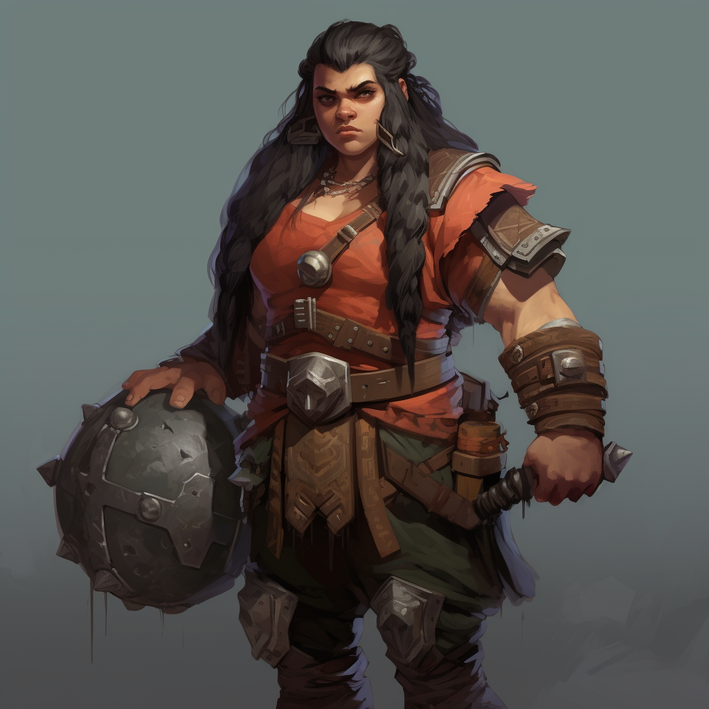 Female dwarf with black hair and a hammer