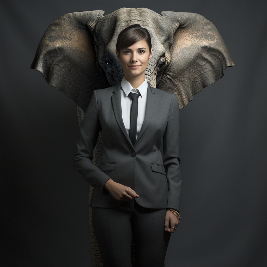 Half female human merged with half elephant in business suit