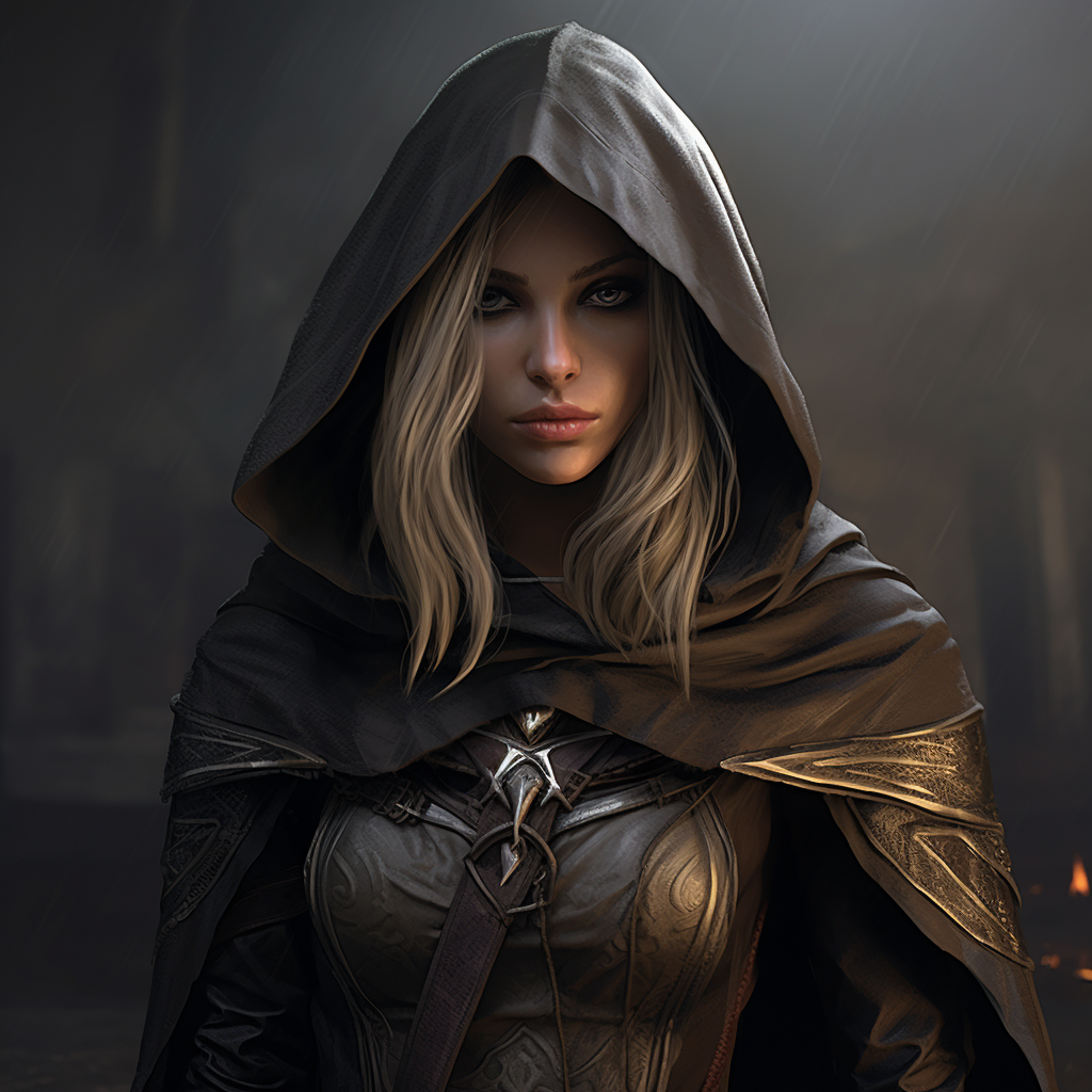 Female elf assassin in leather armor and hooded cloak