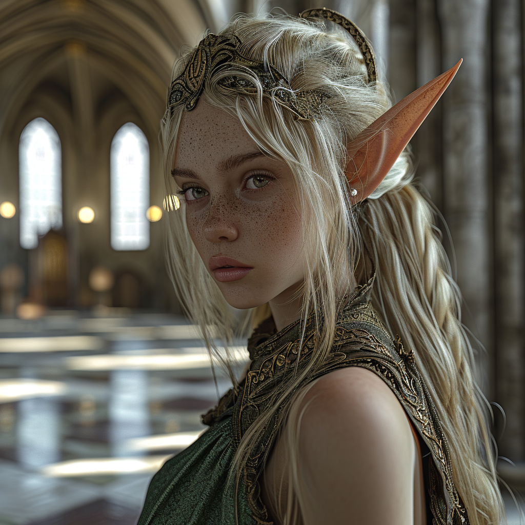 Blonde-haired female elf in cathedral