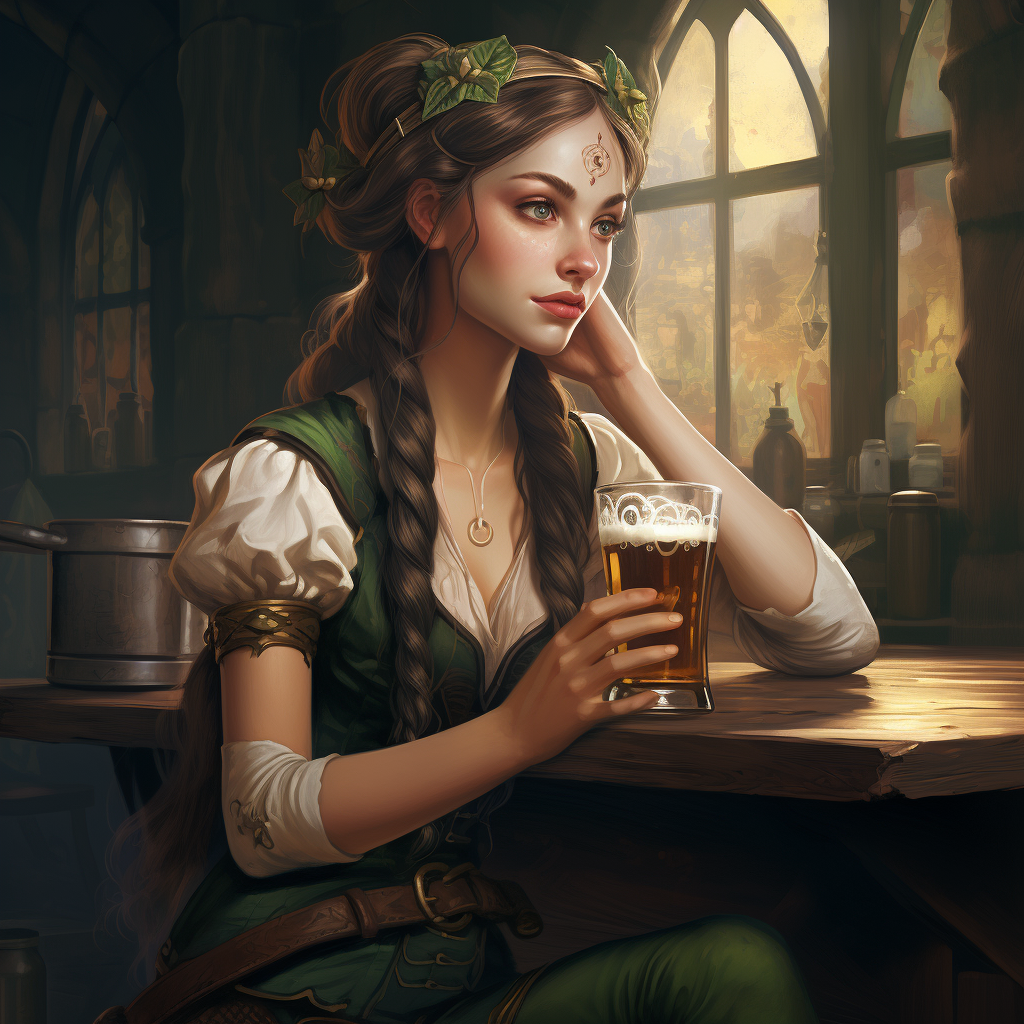 Female elf enjoying a beer