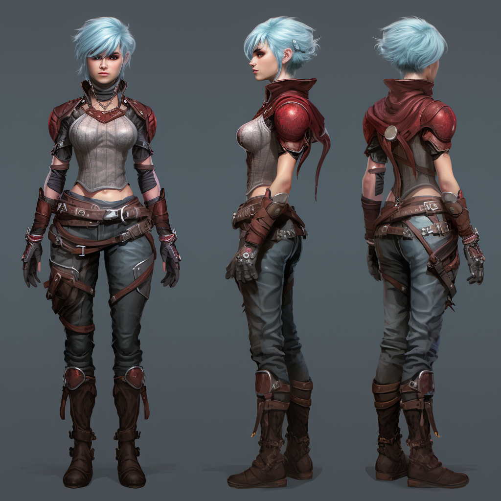 Female elf rogue with short blue hair in red armor