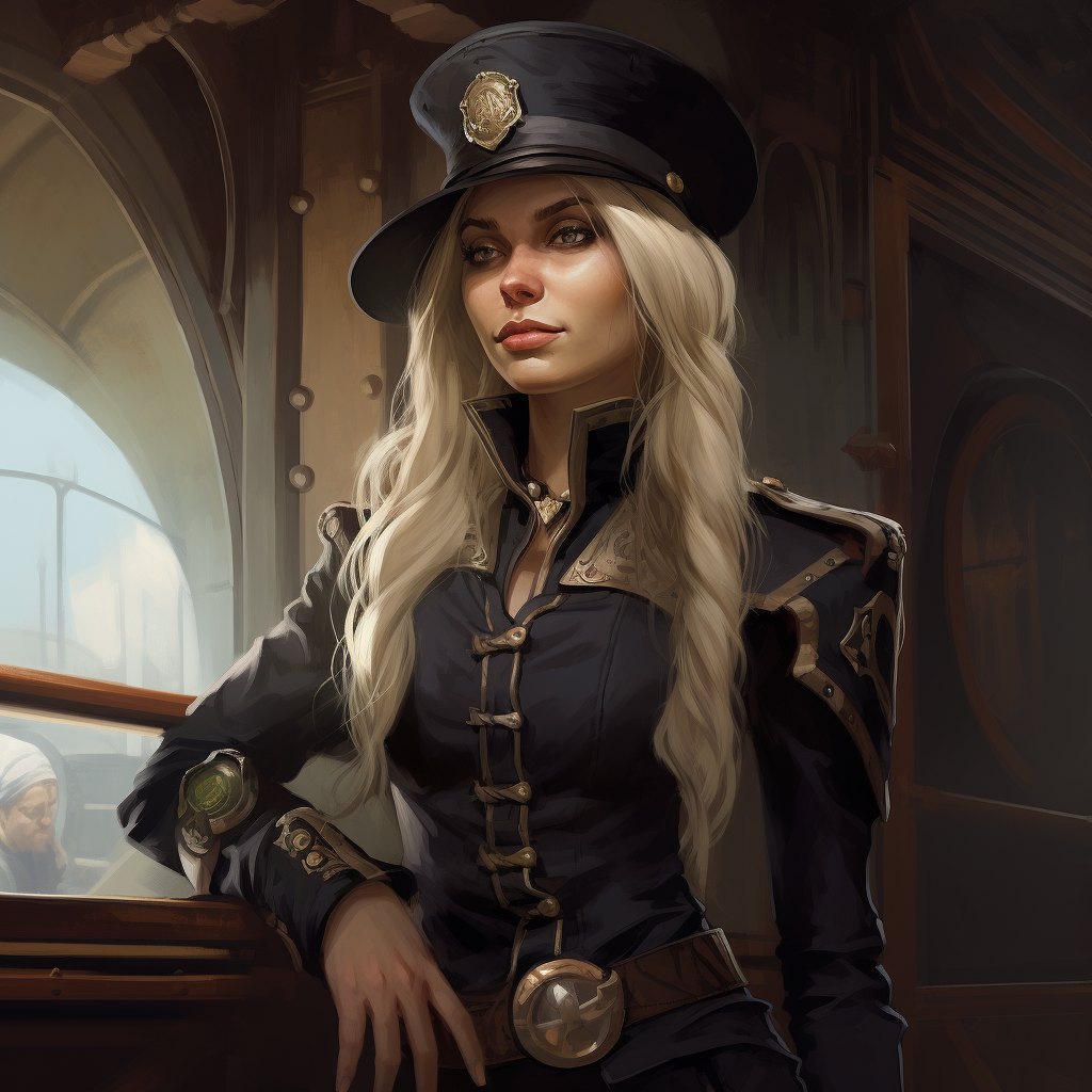 Image of a stern and unflappable female elf sheriff