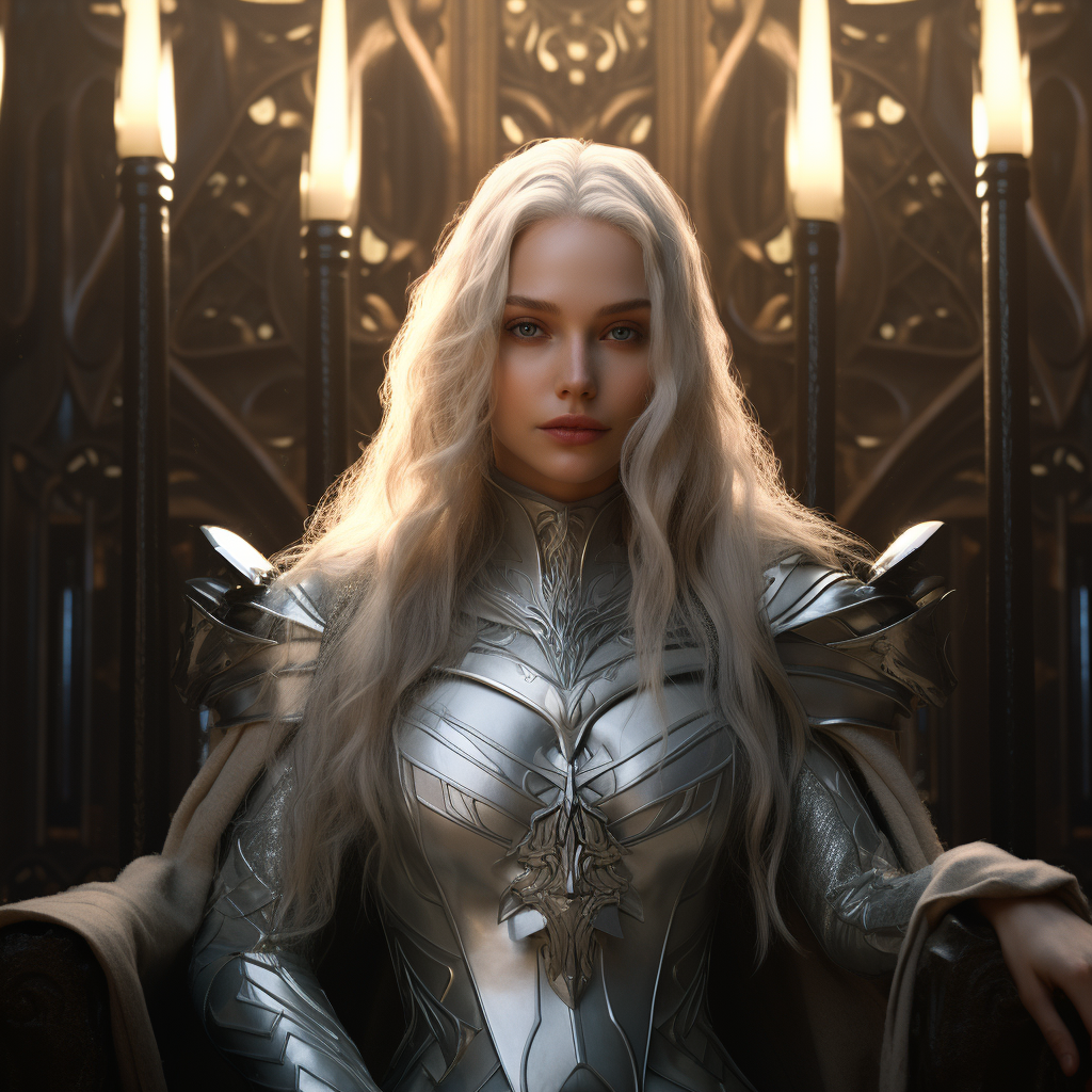 Female Elf in Silver Black Armor on Throne