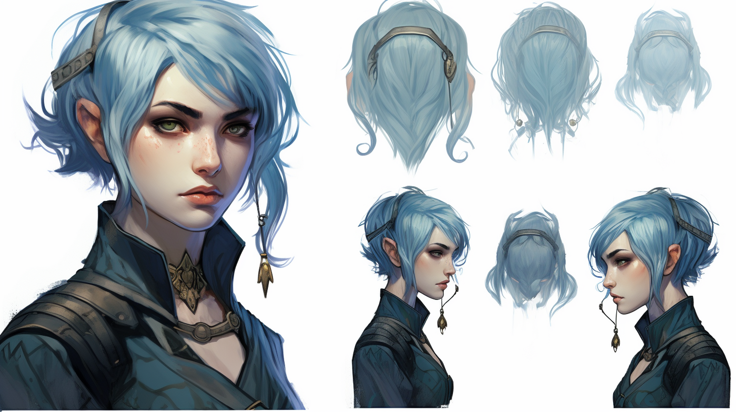 Blue-haired female elf warlock in fantasy art