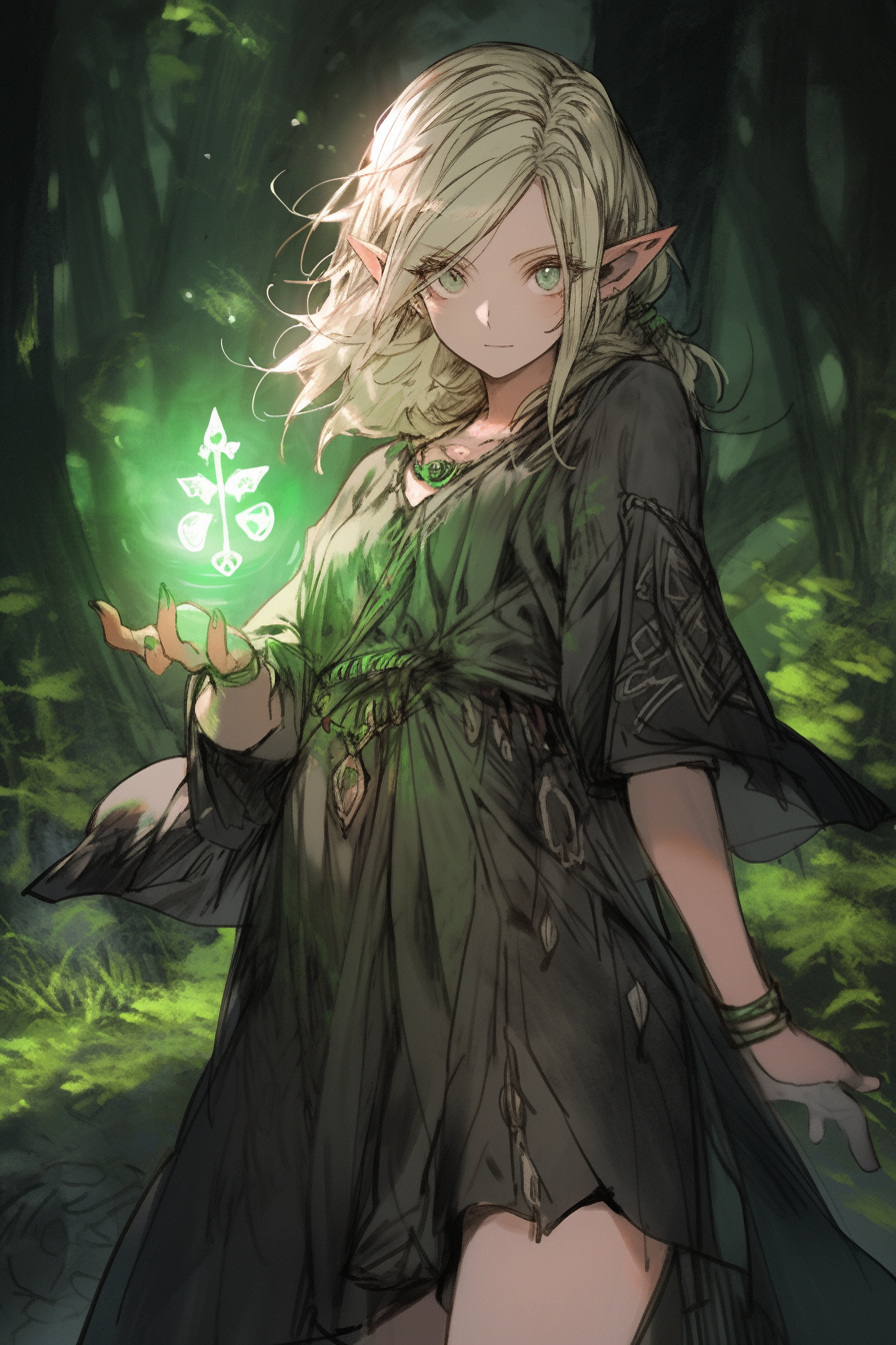 Young female elf warlock casting spell