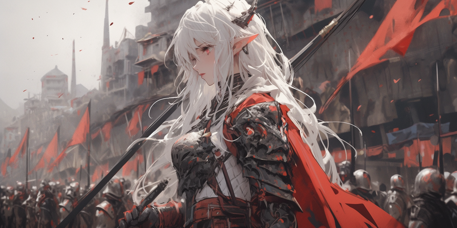 Beautiful female elf in red and white mecha armor