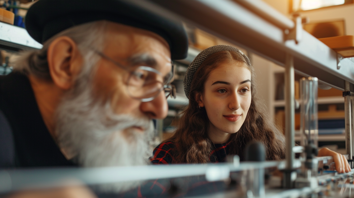 Female engineer with Nostradamus working on model