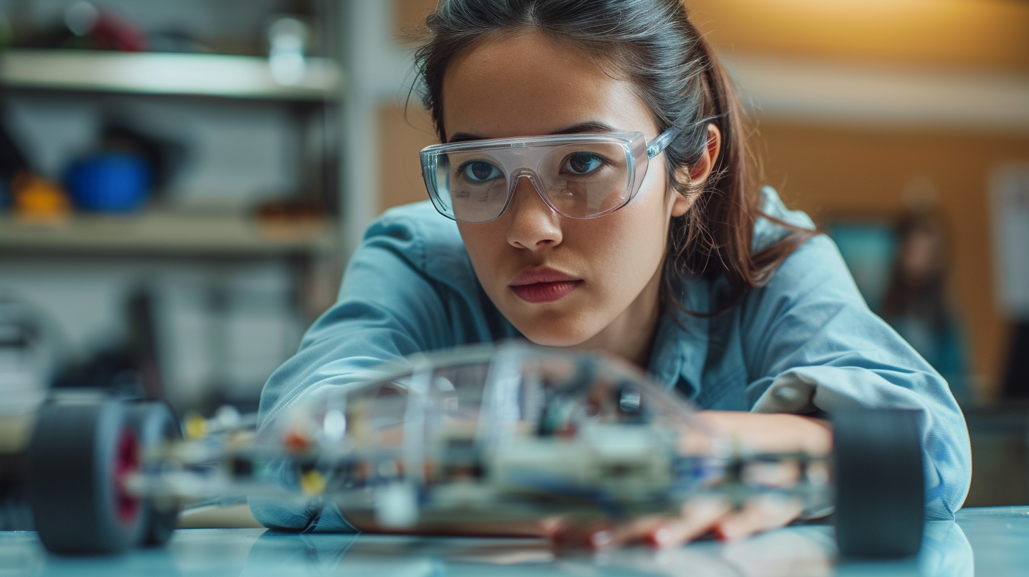 Female Engineer with Fly Car Model