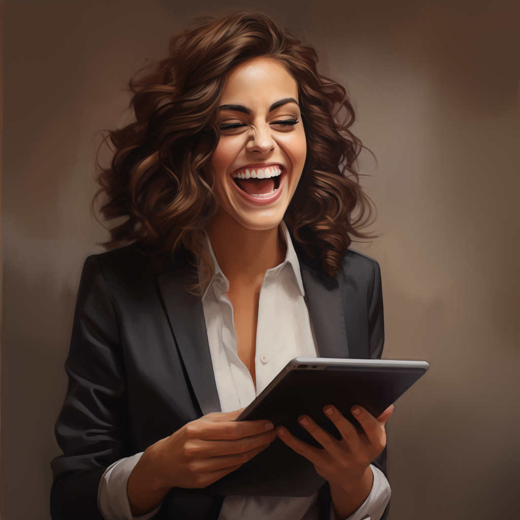 Female executive laughing at iPad