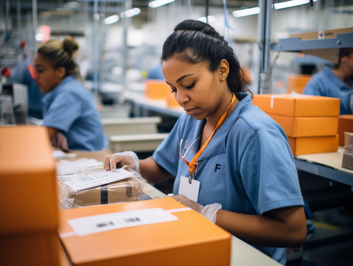 Female factory worker packaging keyrings parcels