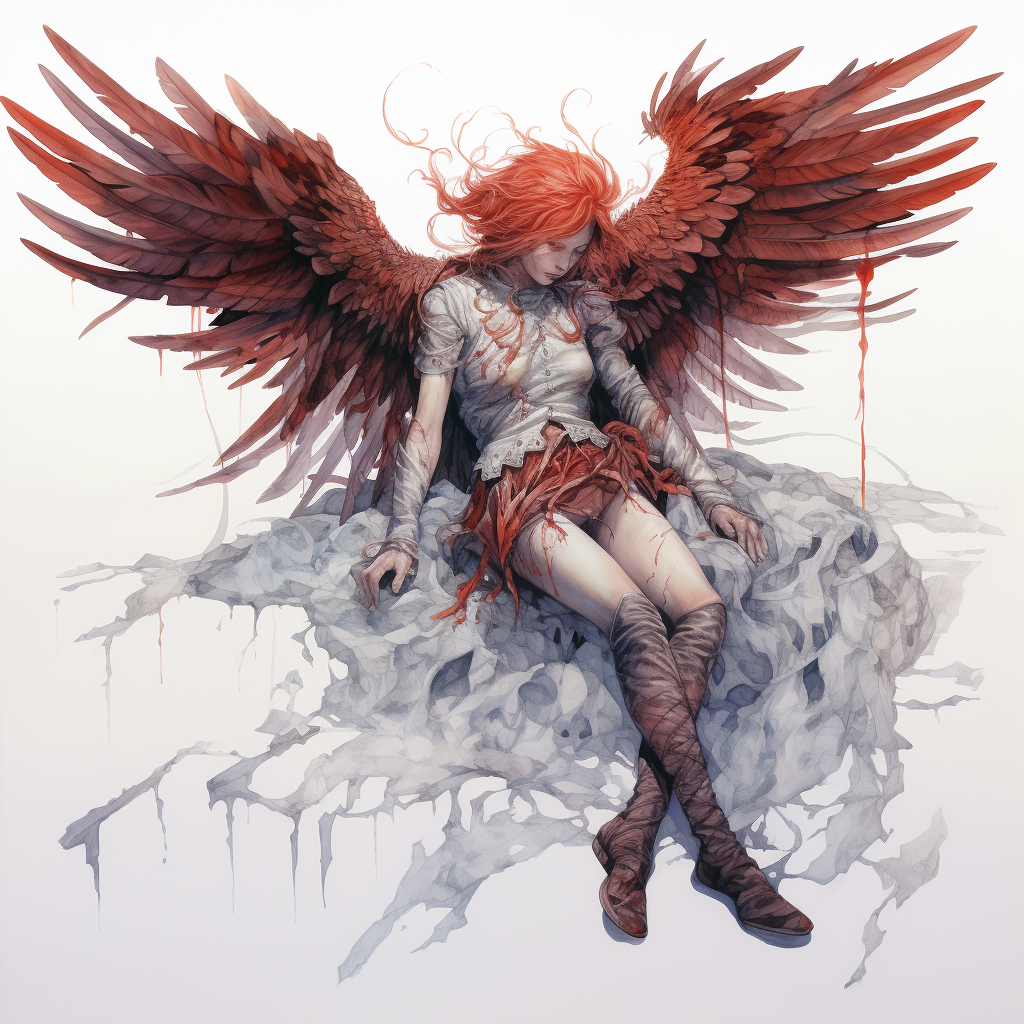 Watercolor of Female Fallen Angel with Red Wings