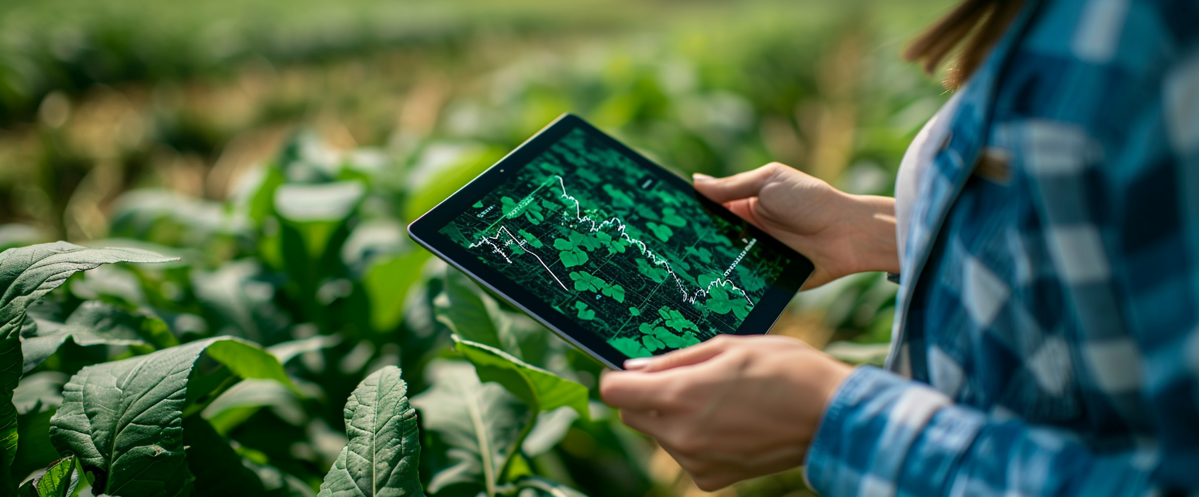 Female farmer using iPad with charts and graphs