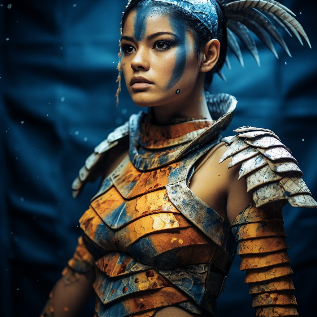 Retro female figure with armadillo-like armour and paint splatters.