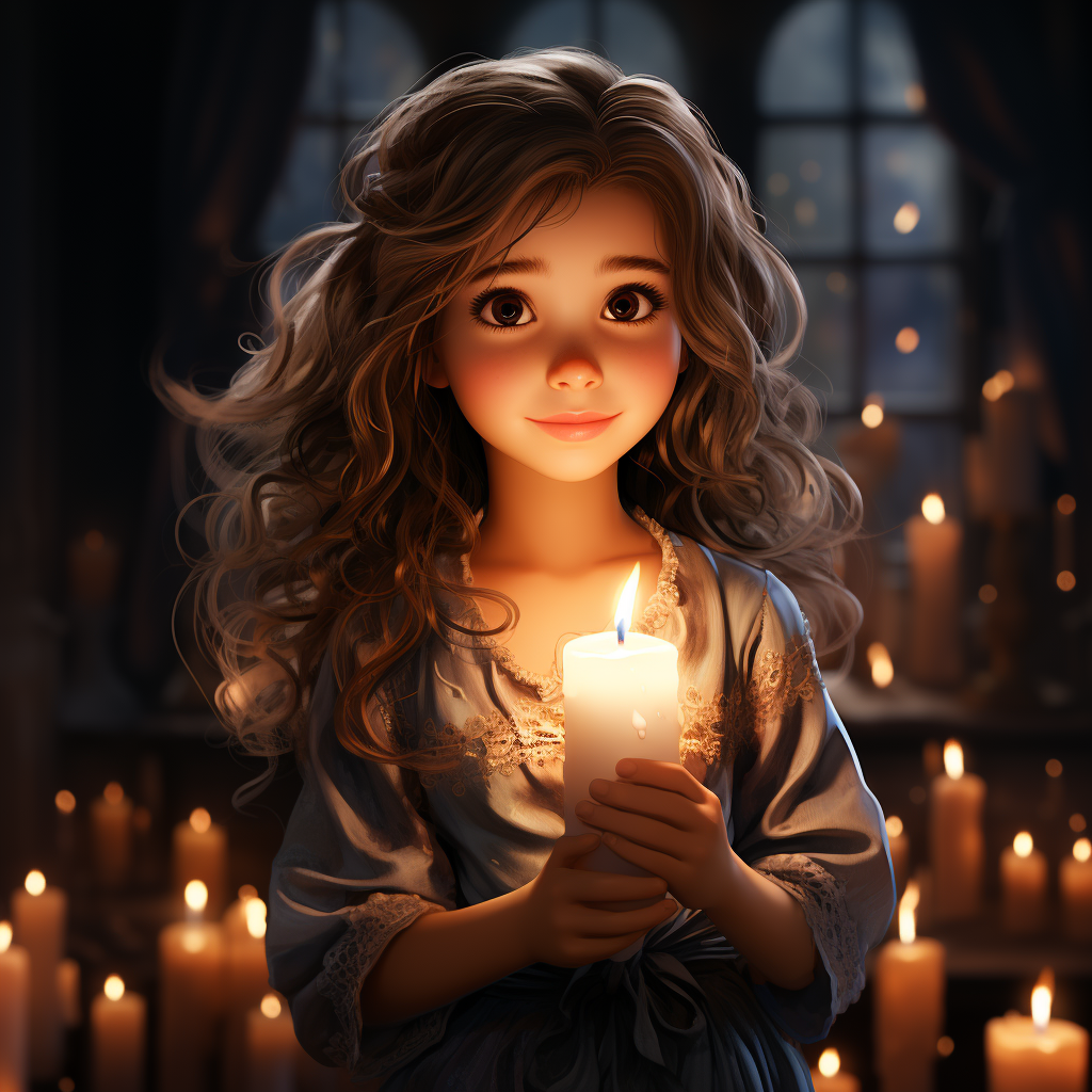 Cartoonish female figure holding a candle