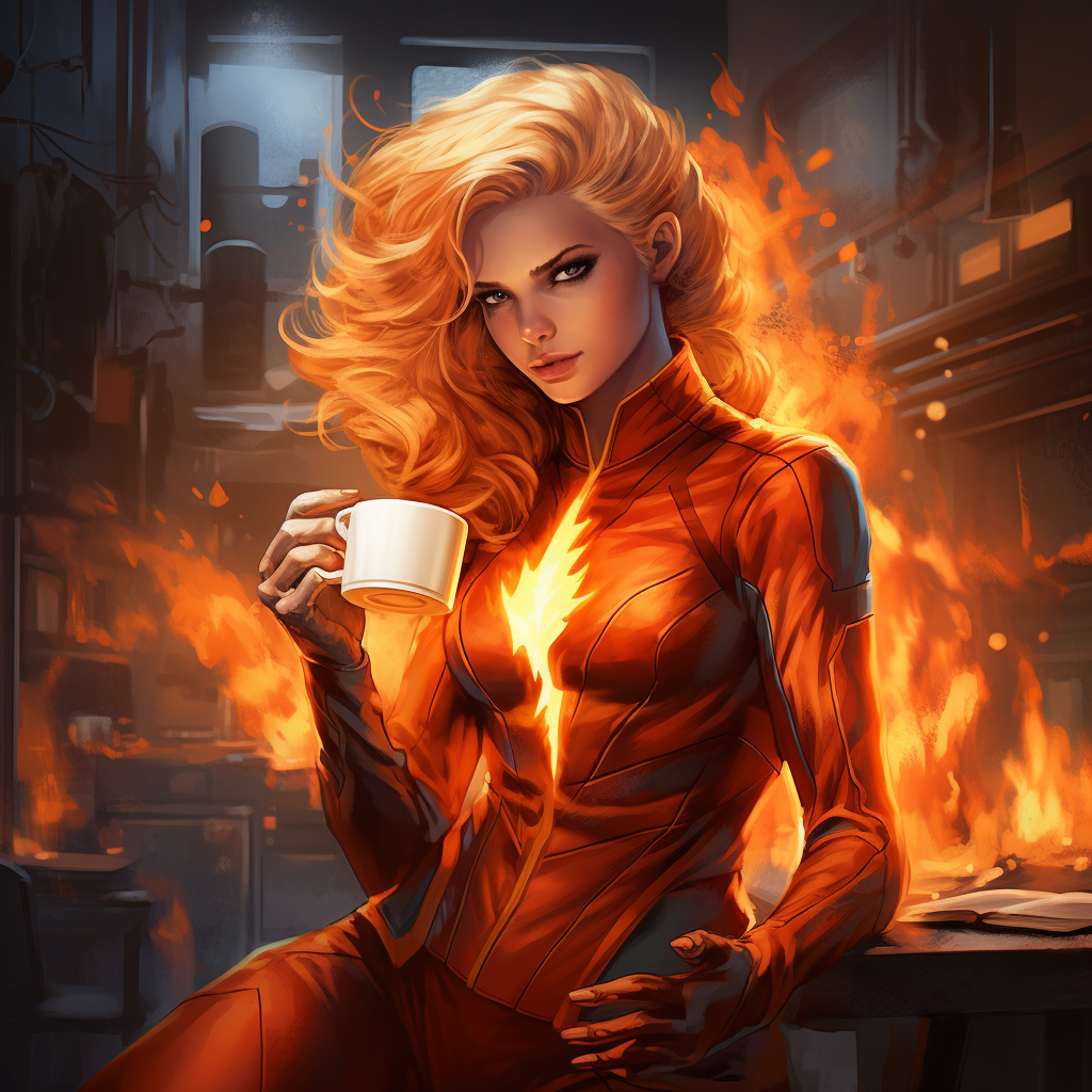 Fire superhero enjoying a coffee