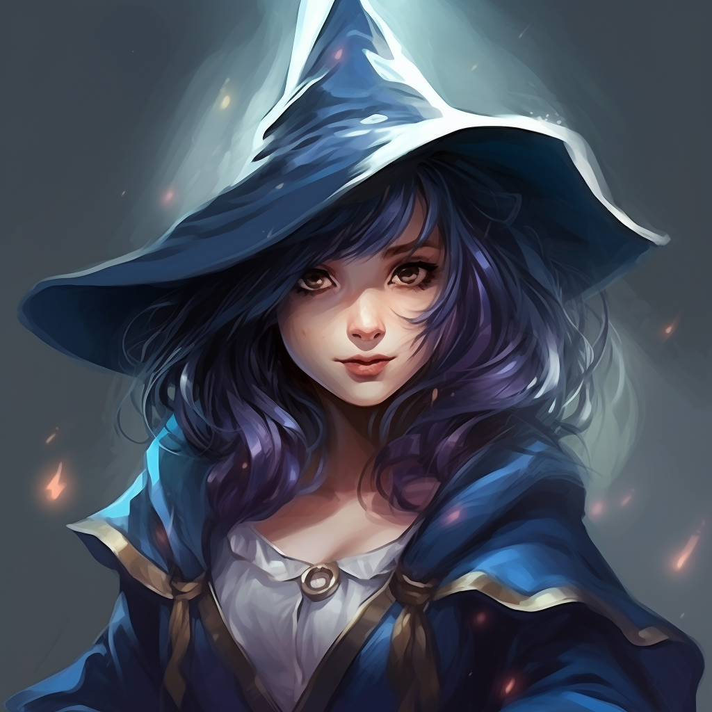 Female gnome mage with blue hair and mischievous smirk