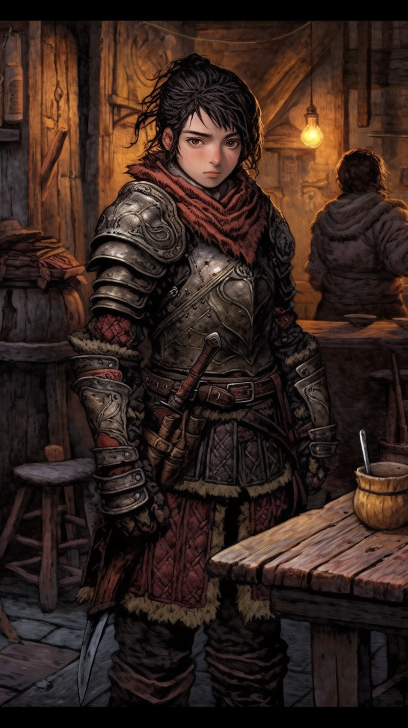 female gnome in leather armor and red scarf sitting