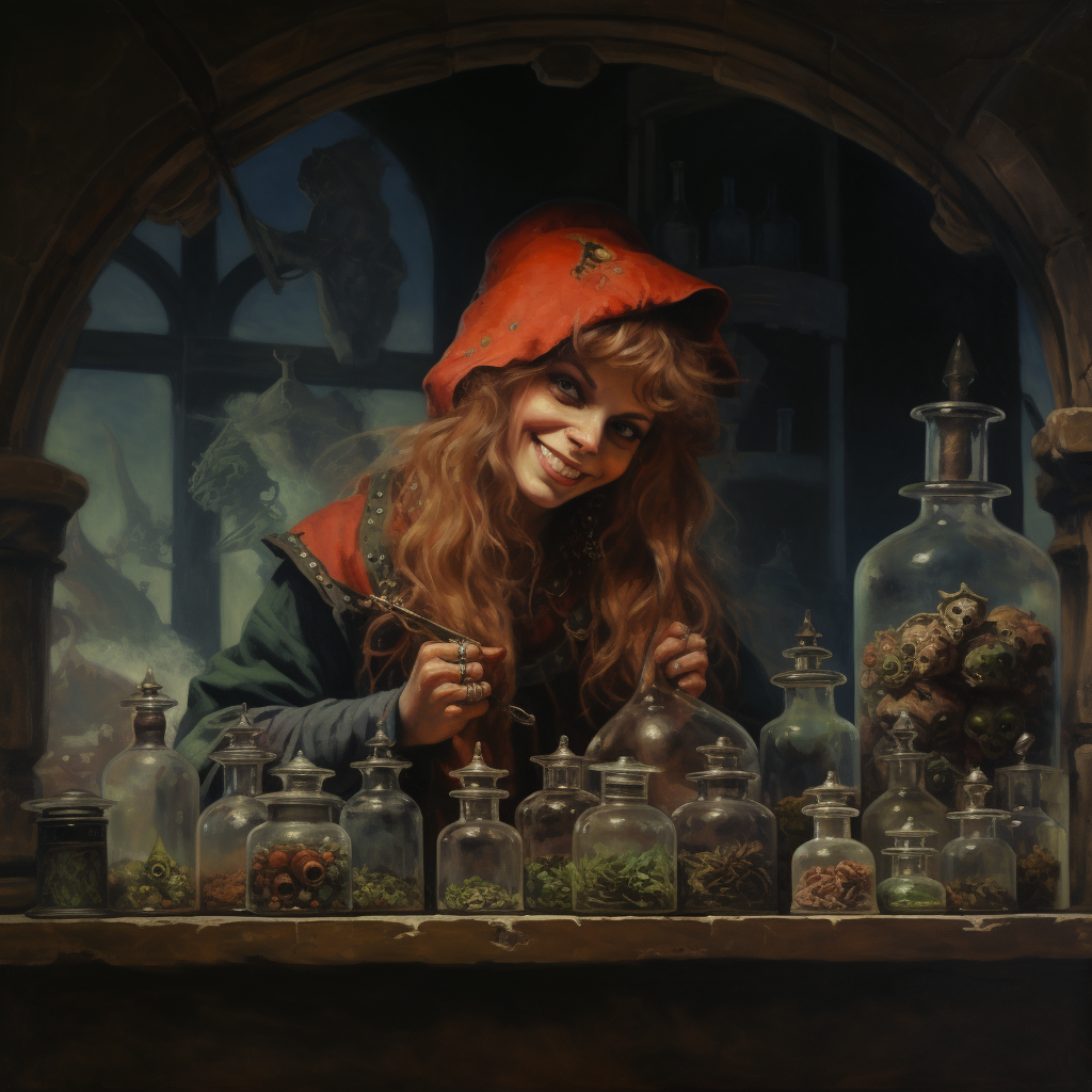 Portrait of a Happy Female Gnome Selling Potions