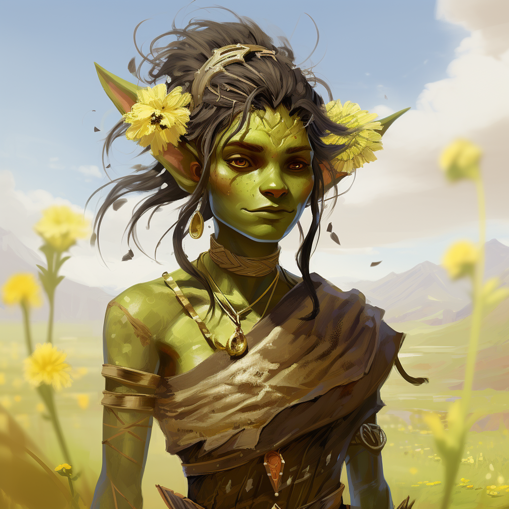 Lime Green Female Goblin in Flowering Meadows