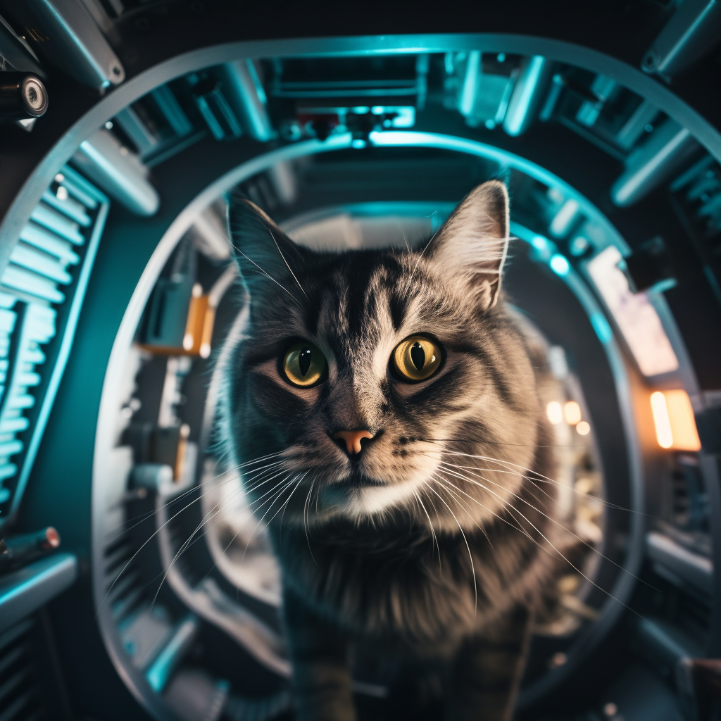 Gray cat in spaceship shelter