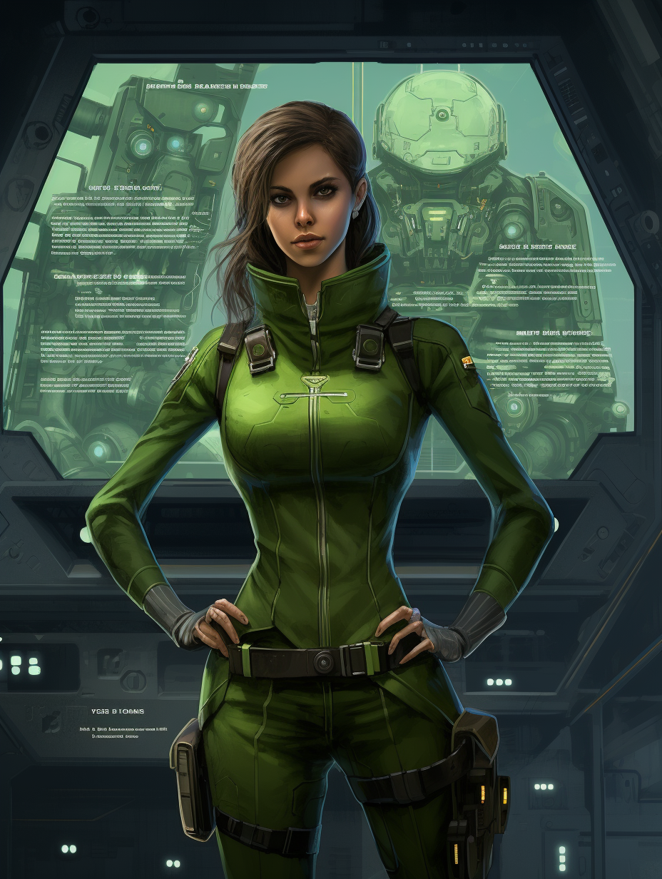 Female green slime engineer at spaceship console