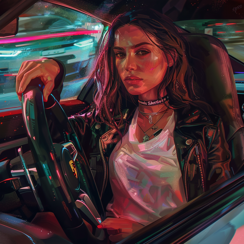 Female hacker in luxury jacket sitting in sports car