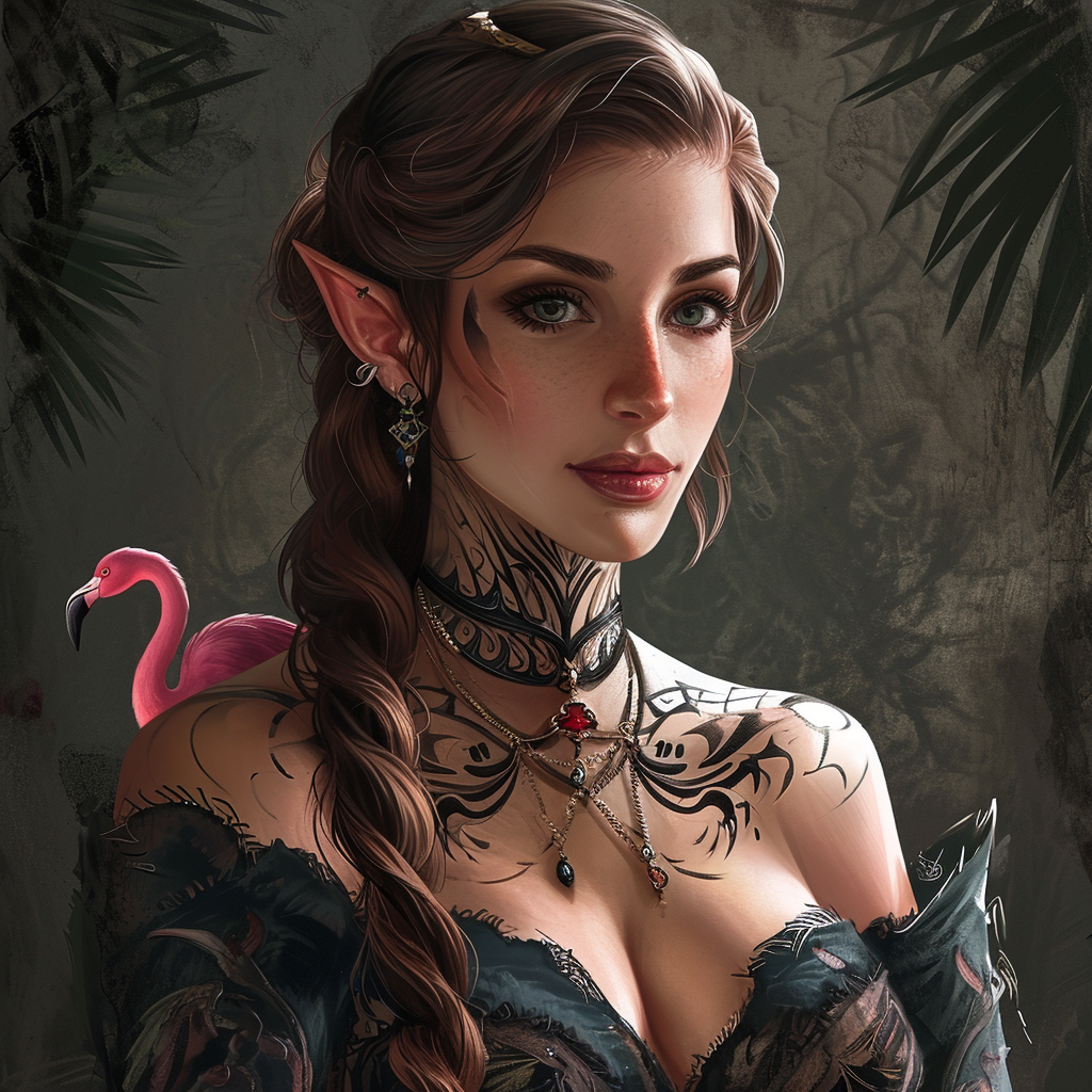 Female Half Elf with Flamingo Tattoo