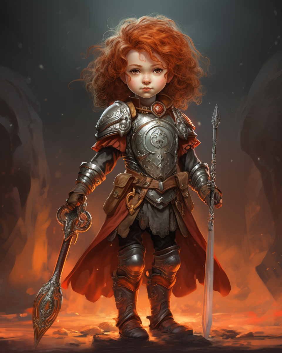 Brave female halfling in armor with sword and shield