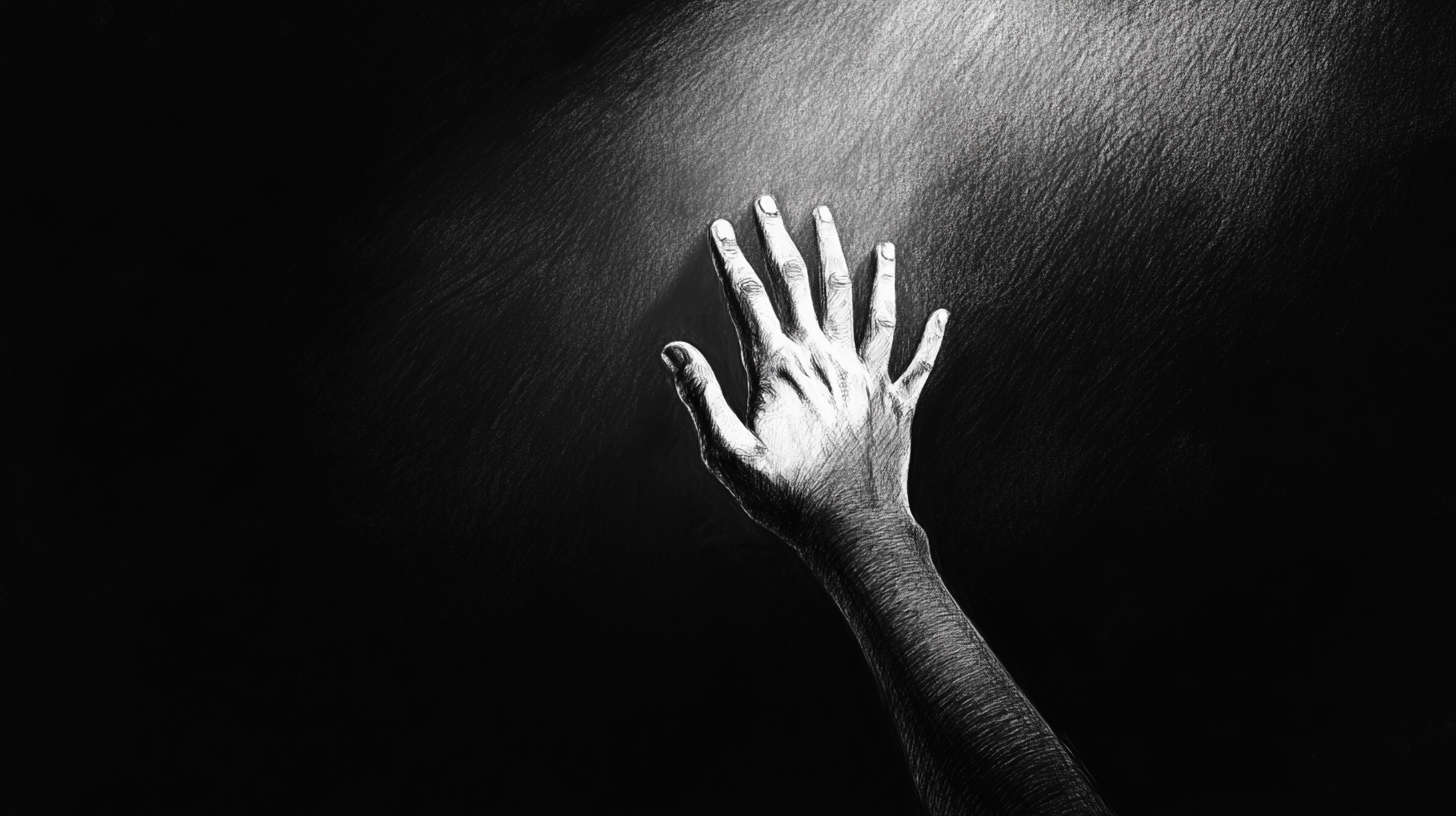 female hand reaching out from darkness towards light concept