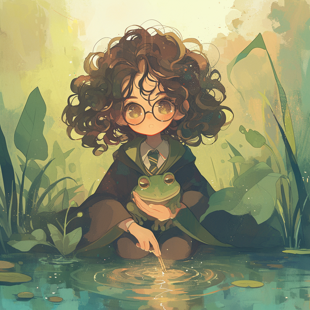 Female Harry Potter conjuring cute frog in forest lake