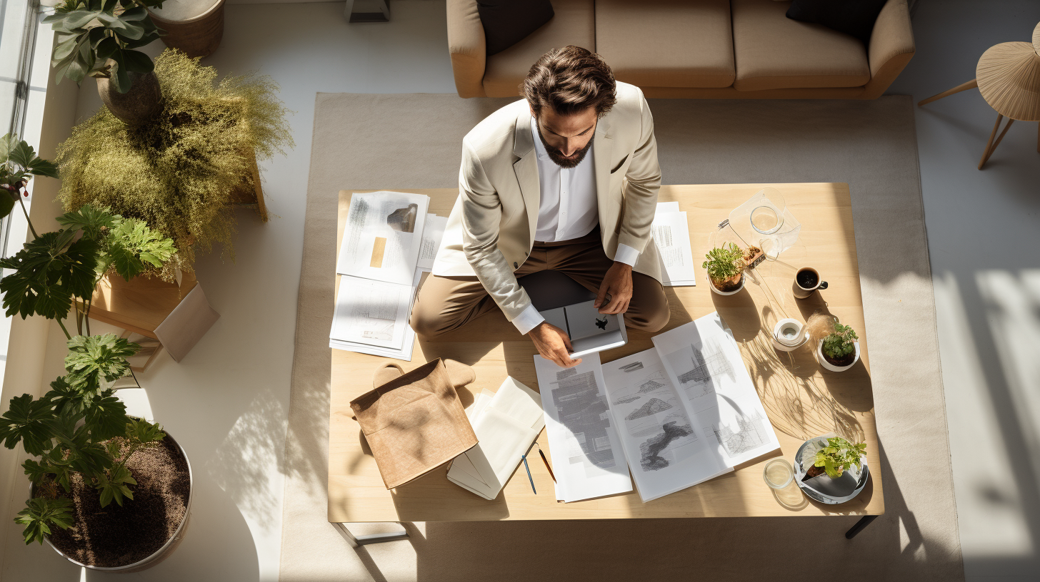 Female interior designer examining floor plan