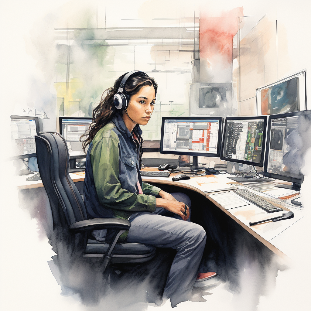 Young female IT professional in control room