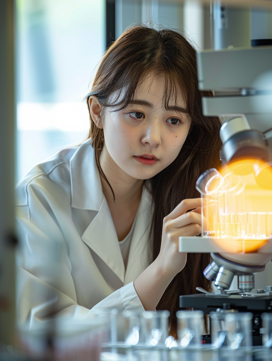 Female Japanese lab technician microscope focus