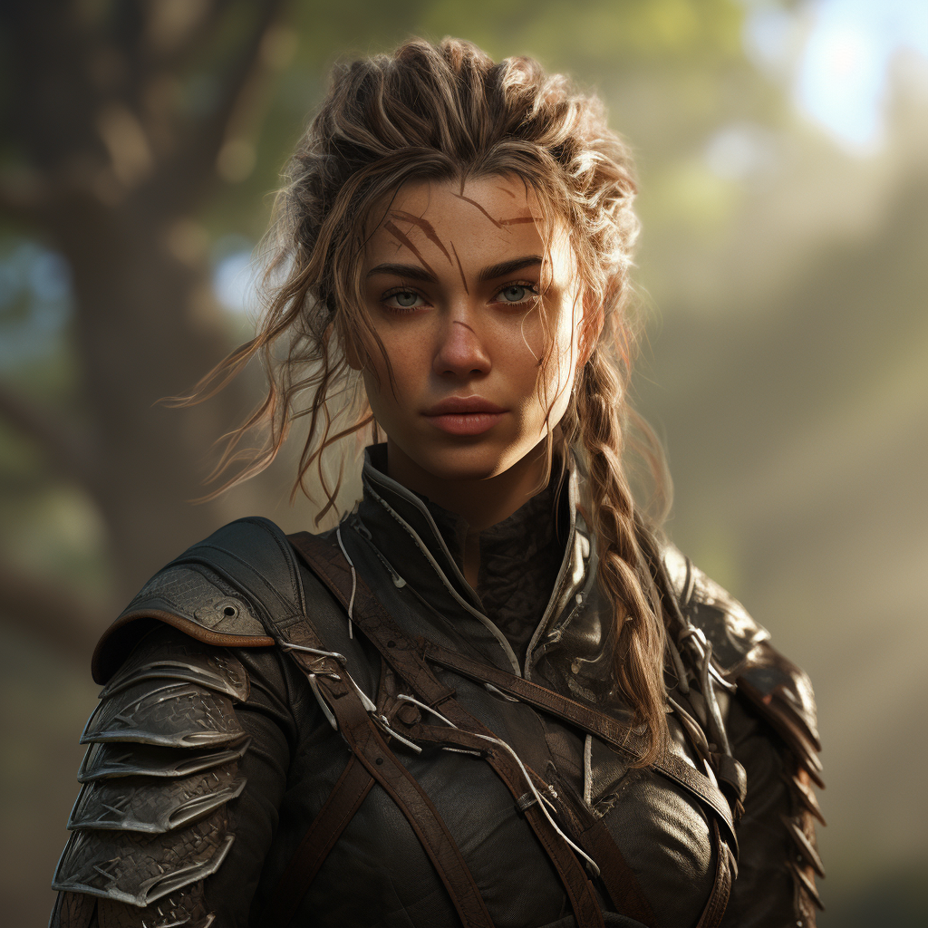 Realistic female ranger with braided hair in leather attire