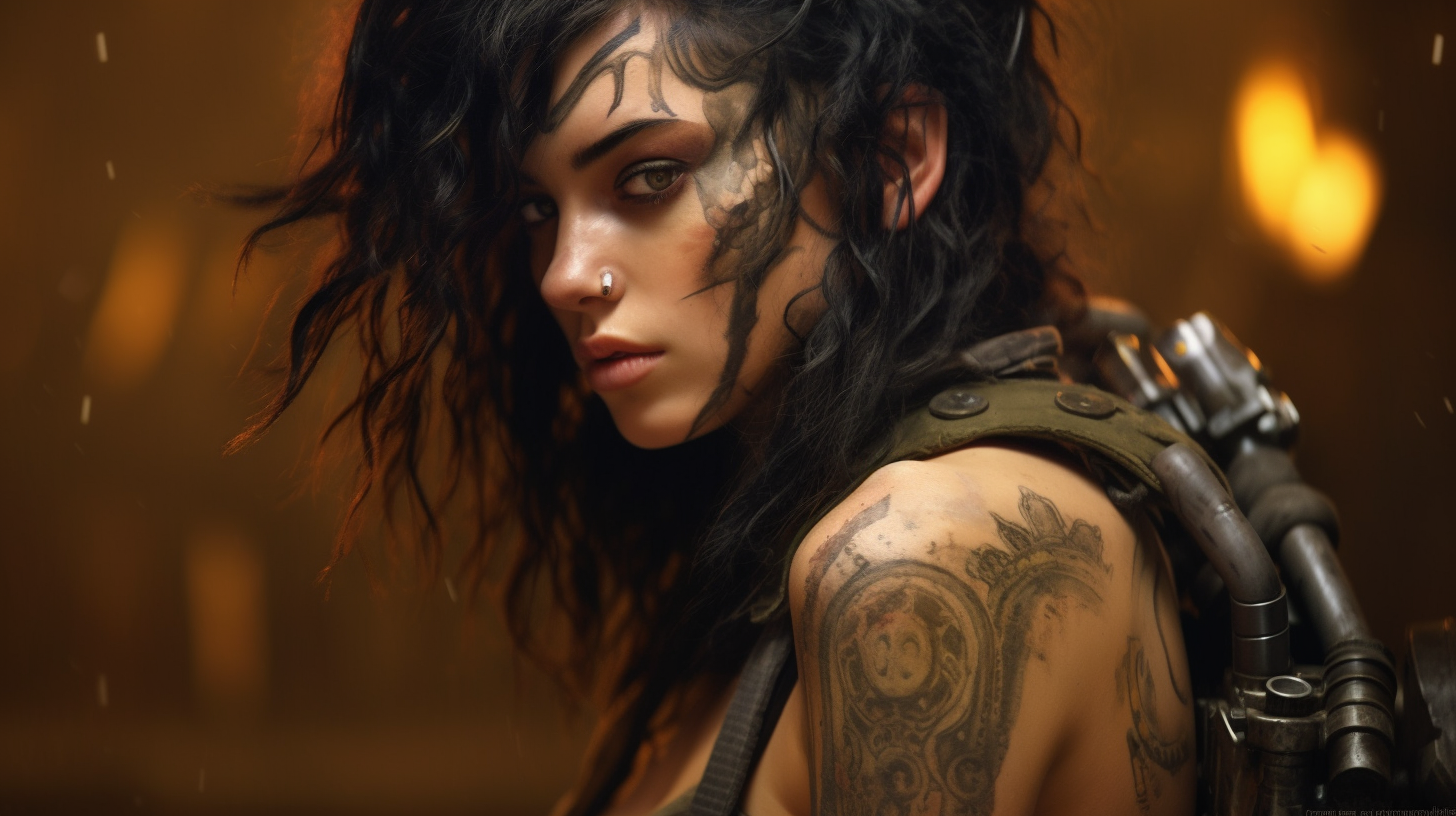 Female mech warrior with dark hair and tattoo