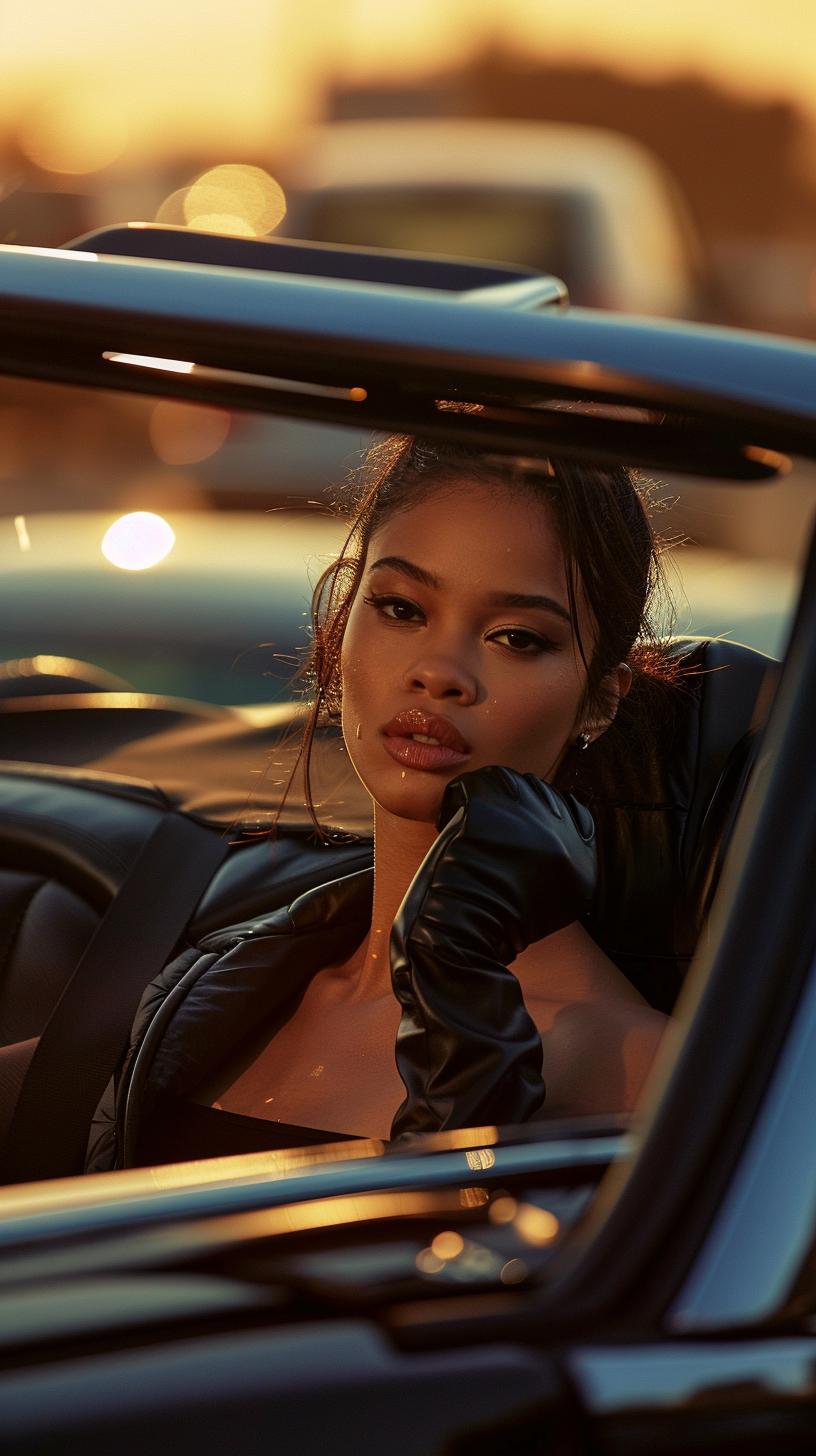 Female model driving convertible in city