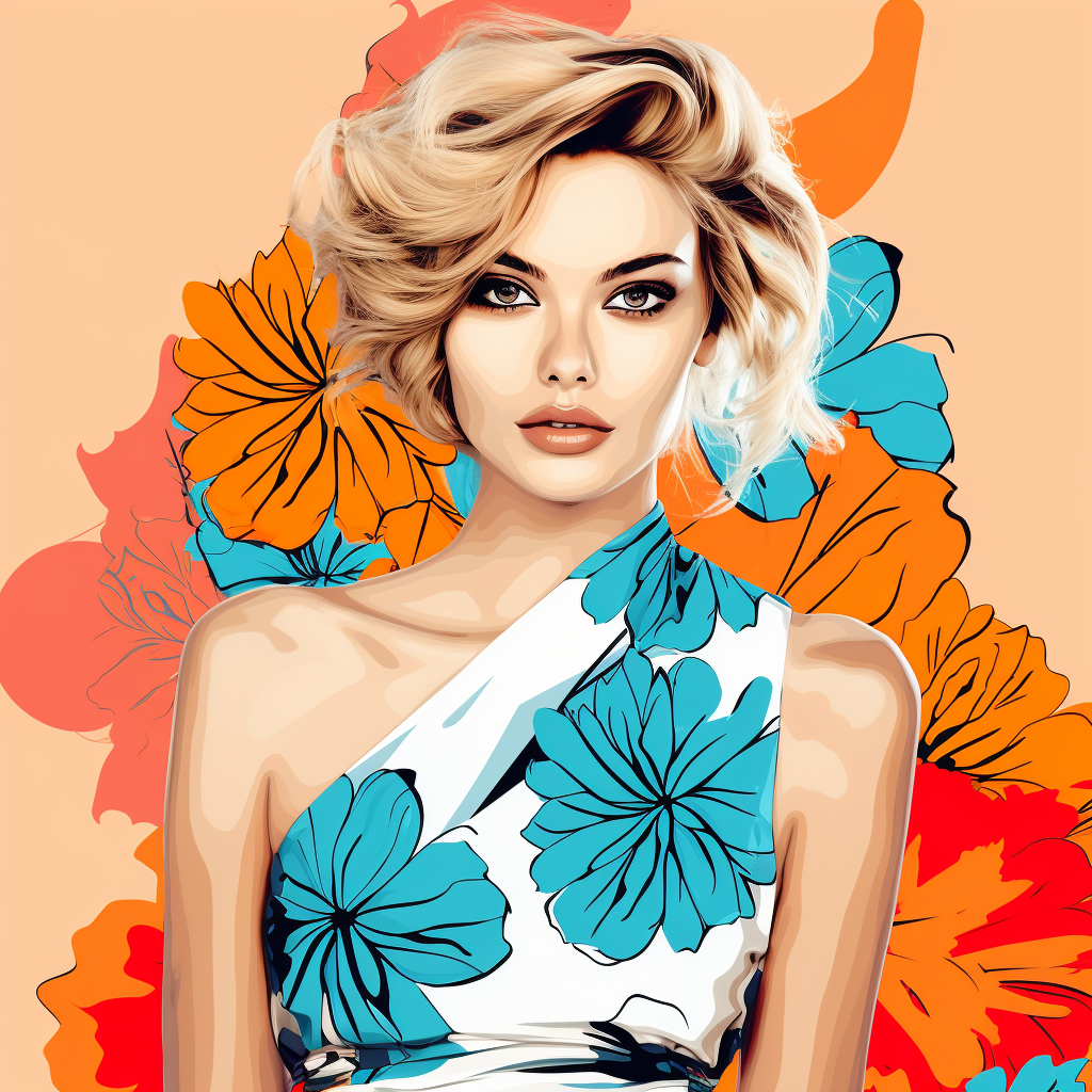 Sketch style image of female model in floral dress