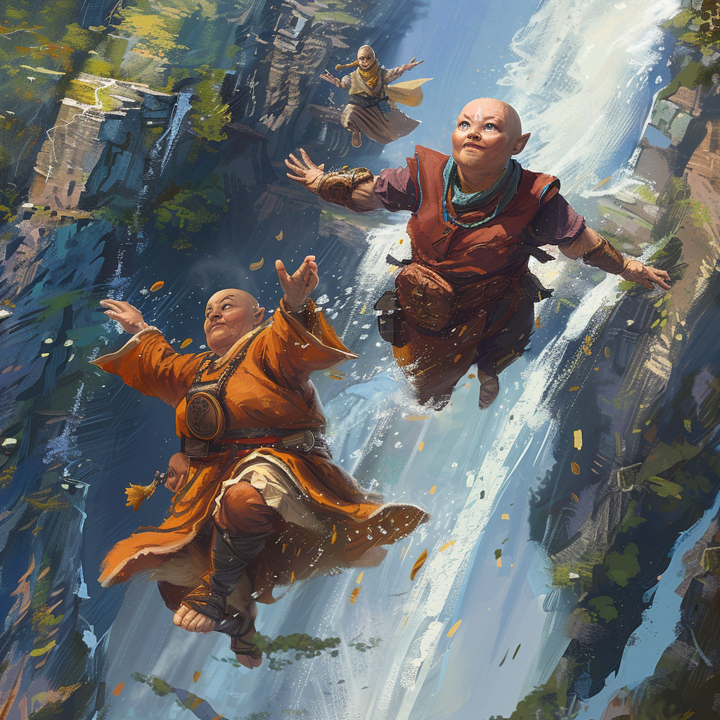 Female monk and chubby halfling at waterfall