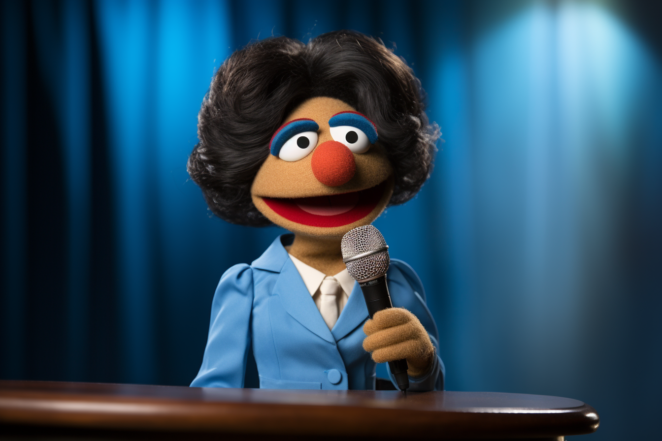 Cute female muppet newscaster reporting