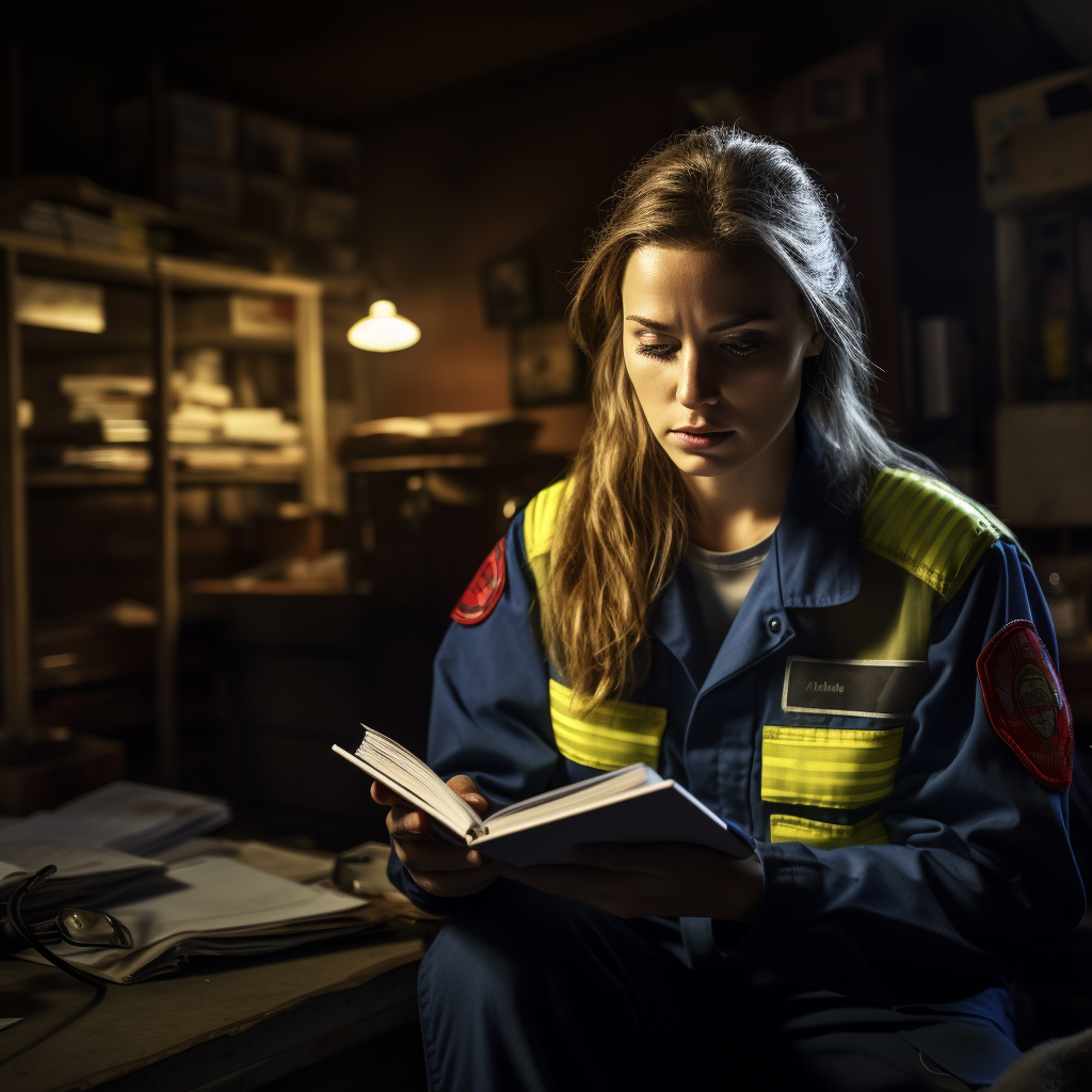 Female paramedic analyzing legal texts