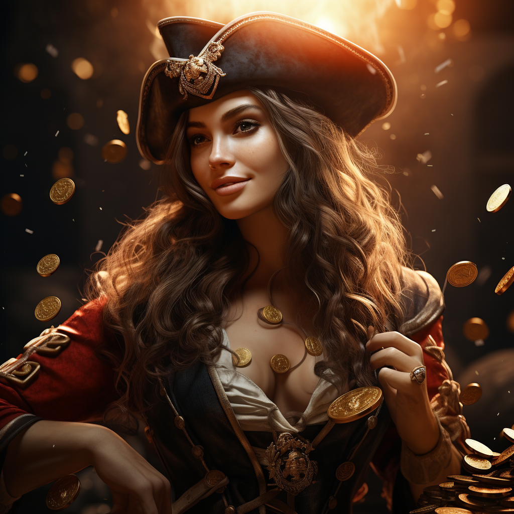 Female pirate cartoon scattering gold coins