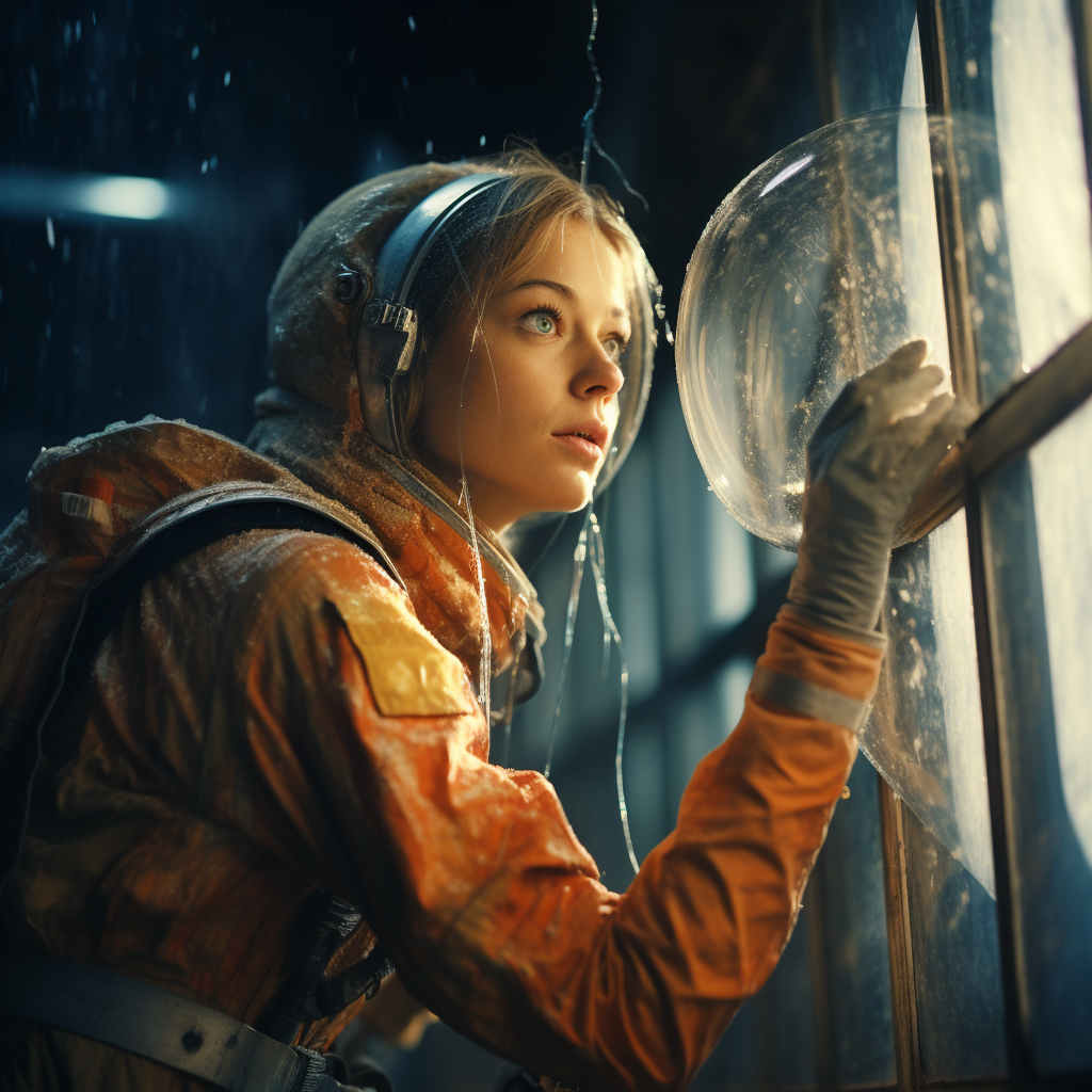 Female Polish cosmonaut cleaning windows - MidJourney Prompt