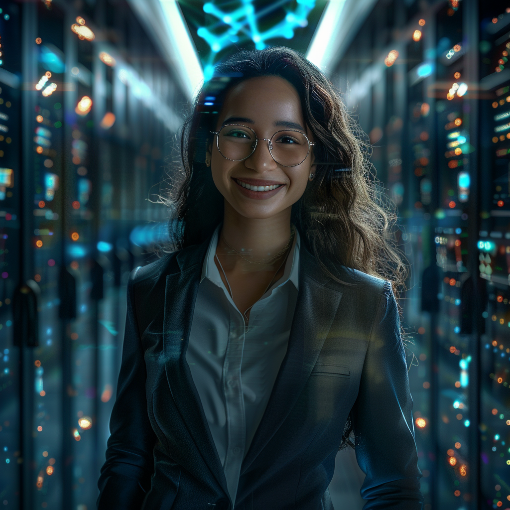 Professional female in data center smiling